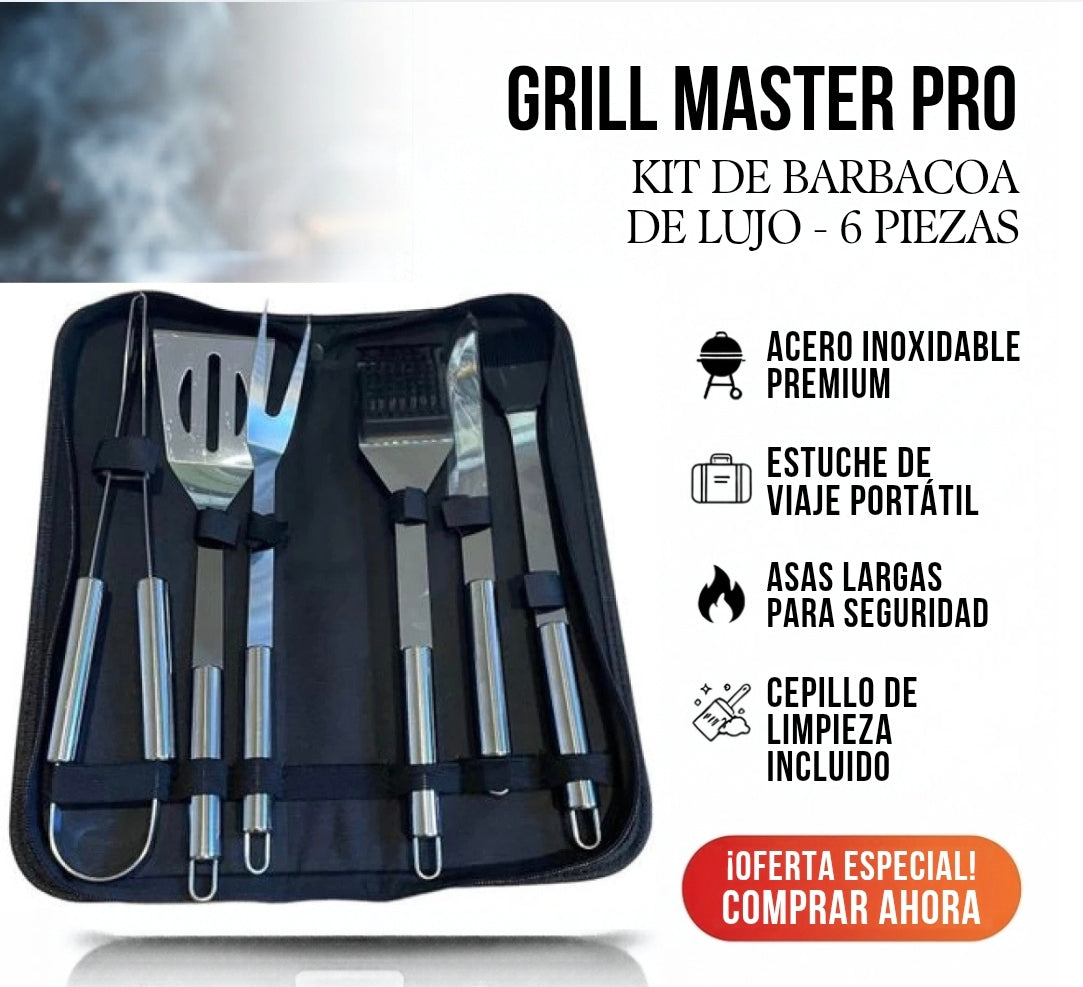 Kit de 6 piezas para asado y parrilla en acero inoxidable, con estuche de viaje